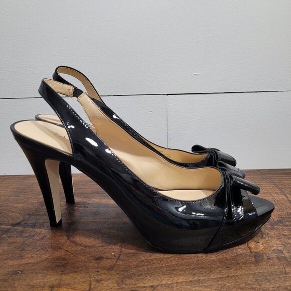 Talbots Black Patent Peep Toe Bow Elastic Heel Strap 4.25" Heels Women's sz 9M. - Picture 4 of 10